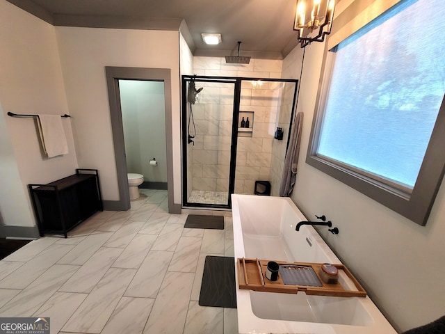 bathroom with a chandelier, crown molding, independent shower and bath, and toilet