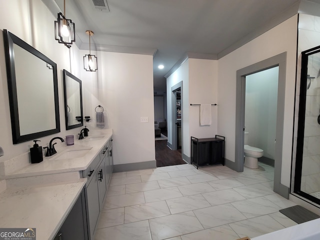 bathroom featuring vanity, a shower with shower door, and toilet