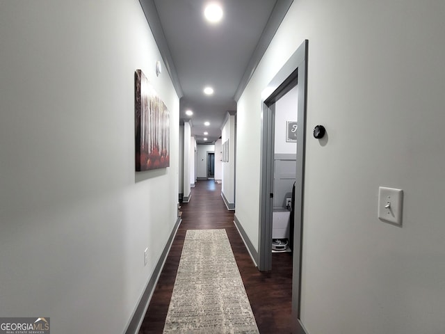 hallway featuring ornamental molding and dark wood-type flooring