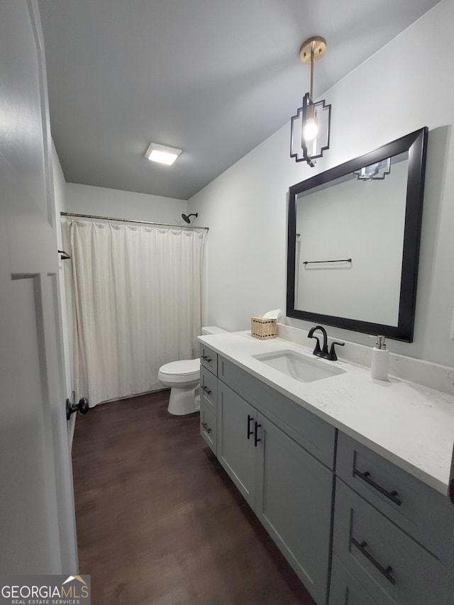 bathroom with hardwood / wood-style flooring, vanity, and toilet