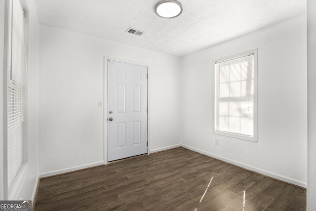 spare room featuring a textured ceiling, dark wood-type flooring, and a healthy amount of sunlight