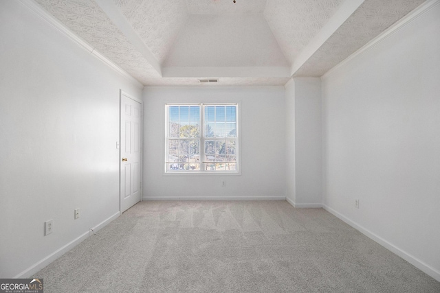 carpeted empty room featuring lofted ceiling and a textured ceiling