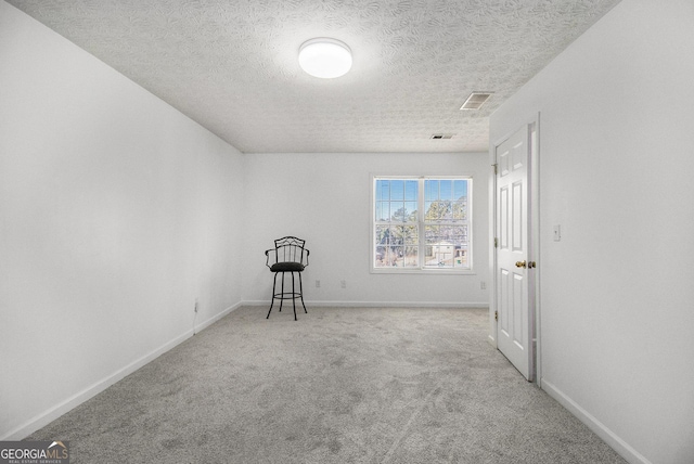 spare room featuring light colored carpet and a textured ceiling