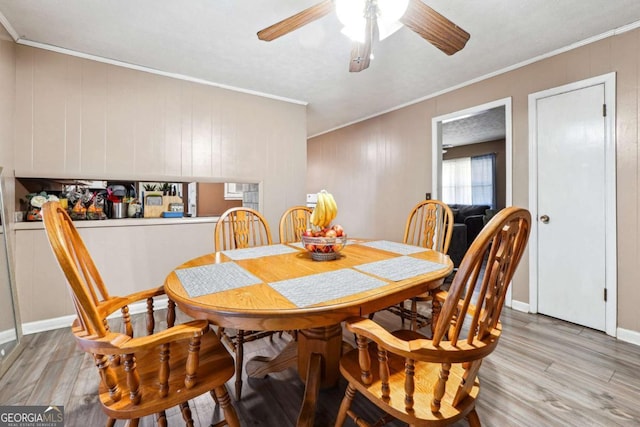 dining space with ceiling fan, crown molding, and light hardwood / wood-style flooring