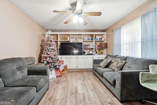 living room featuring ceiling fan and light hardwood / wood-style flooring