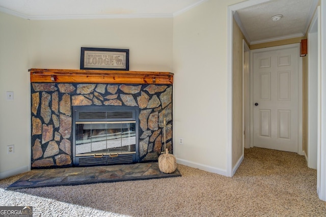 details featuring a stone fireplace, carpet floors, and ornamental molding