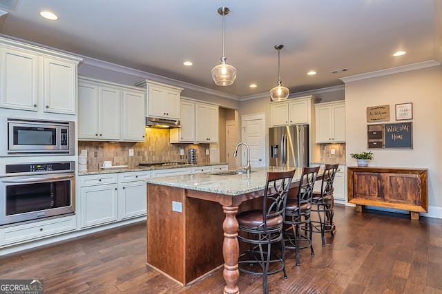 kitchen featuring hanging light fixtures, sink, light stone countertops, an island with sink, and appliances with stainless steel finishes