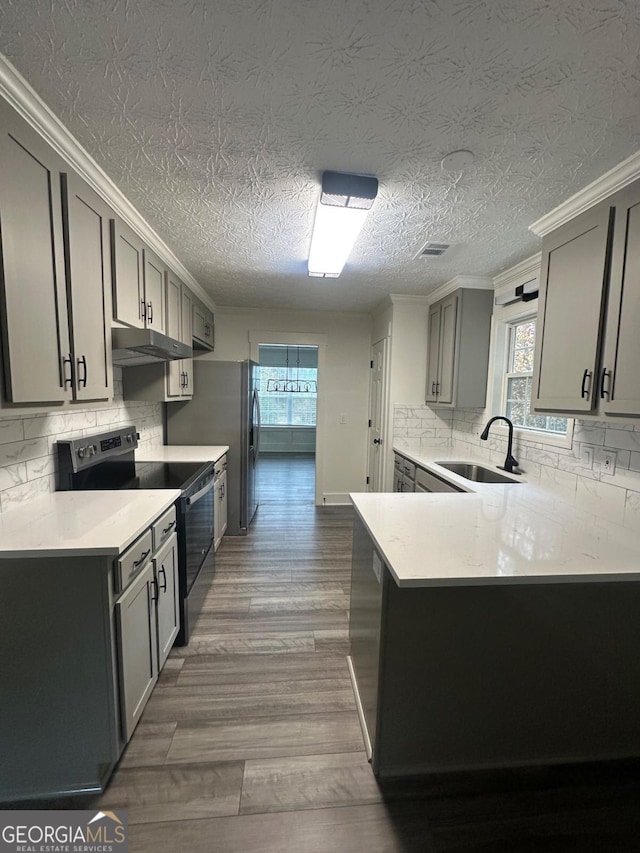 kitchen with backsplash, black range with electric stovetop, sink, and gray cabinetry