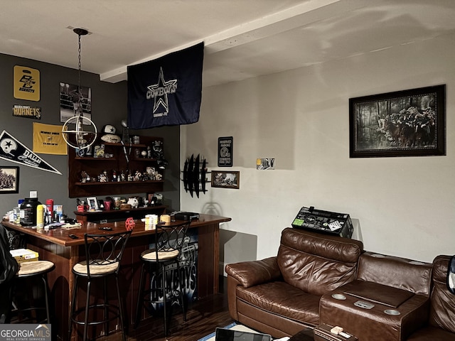 bar with dark hardwood / wood-style floors