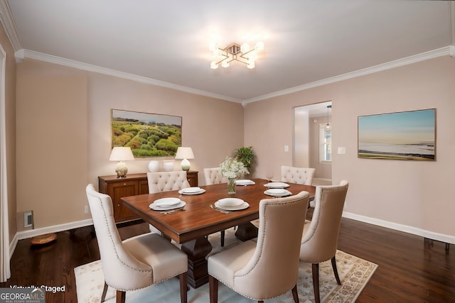 dining room with ornamental molding and dark wood-type flooring