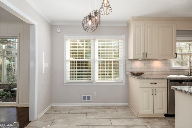 unfurnished dining area featuring ornamental molding and light wood-type flooring