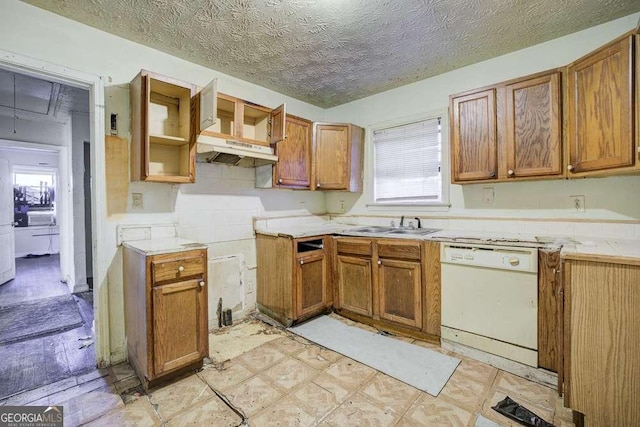 kitchen with sink, a textured ceiling, and white dishwasher