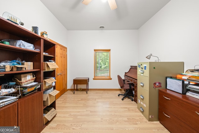 office space featuring ceiling fan and light wood-type flooring