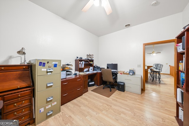 office space with ceiling fan and light hardwood / wood-style flooring