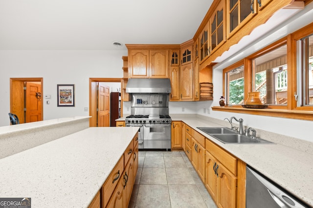 kitchen with light stone countertops, sink, light tile patterned floors, and stainless steel appliances