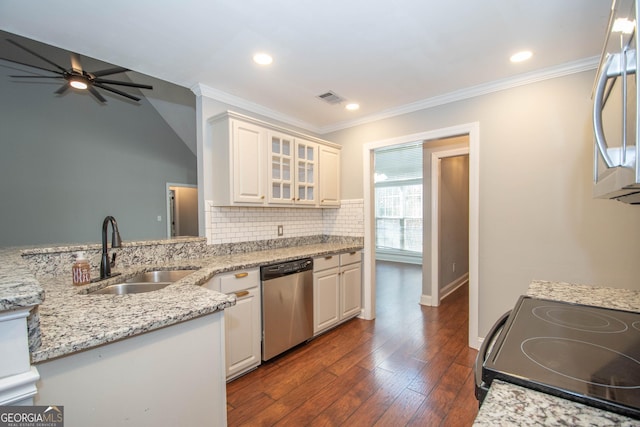 kitchen with sink, ornamental molding, stainless steel appliances, light stone countertops, and dark wood-type flooring