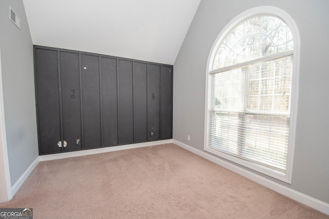 interior space featuring light carpet and vaulted ceiling