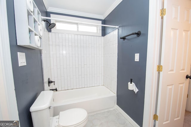 bathroom with tile patterned flooring, bathing tub / shower combination, ornamental molding, and toilet