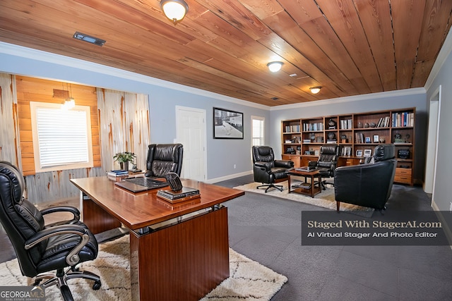 office area featuring crown molding, wood ceiling, and wood walls