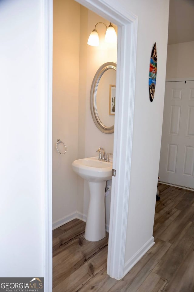 bathroom with wood-type flooring