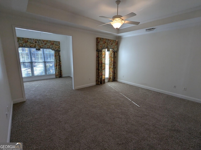 empty room featuring a tray ceiling, a wealth of natural light, and crown molding