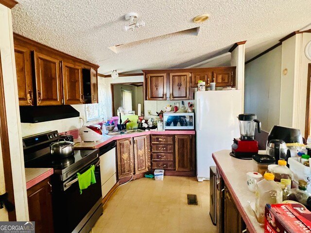 kitchen with a textured ceiling, sink, exhaust hood, and appliances with stainless steel finishes