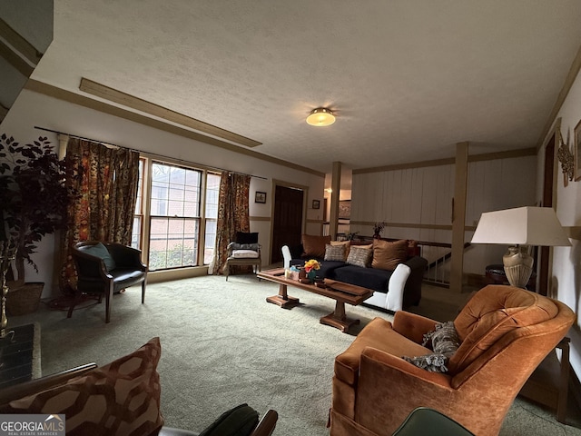 living room with carpet, a textured ceiling, and crown molding