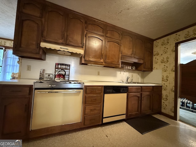 kitchen with sink, dishwasher, a textured ceiling, and range