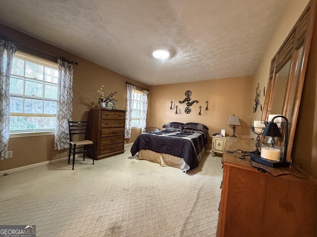 carpeted bedroom with a textured ceiling and multiple windows