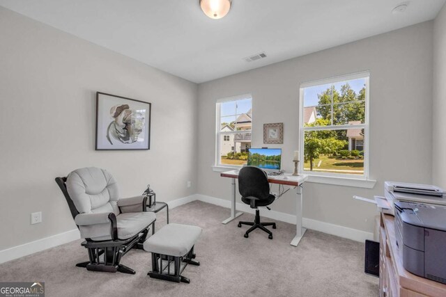 office space with light colored carpet