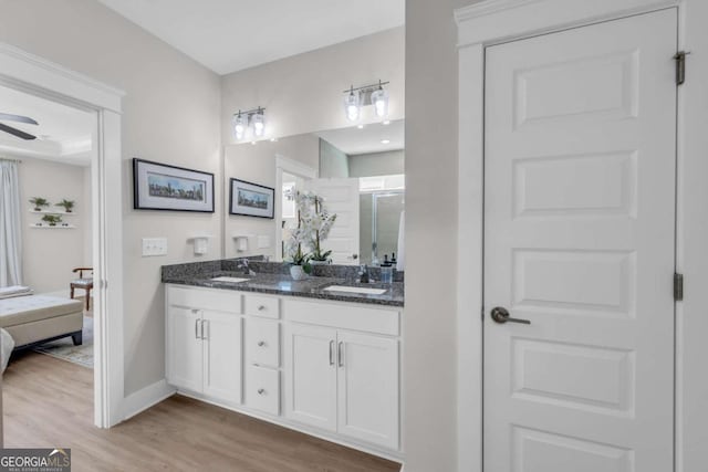 bathroom with vanity and hardwood / wood-style flooring