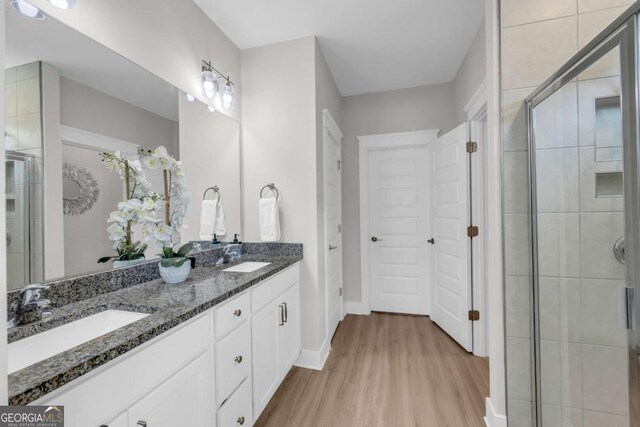 bathroom with hardwood / wood-style flooring and vanity