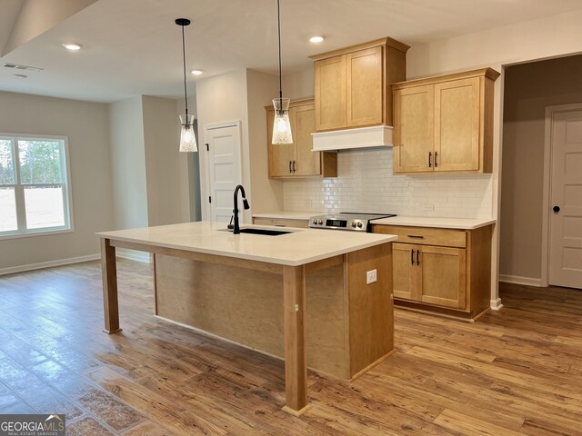 kitchen featuring light wood finished floors, visible vents, tasteful backsplash, and a sink