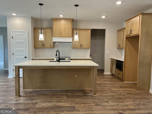 kitchen featuring tasteful backsplash, dark wood-style flooring, premium range hood, and a sink