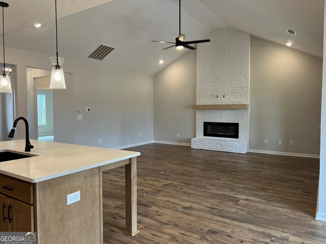 kitchen with a sink, a ceiling fan, dark wood finished floors, open floor plan, and visible vents