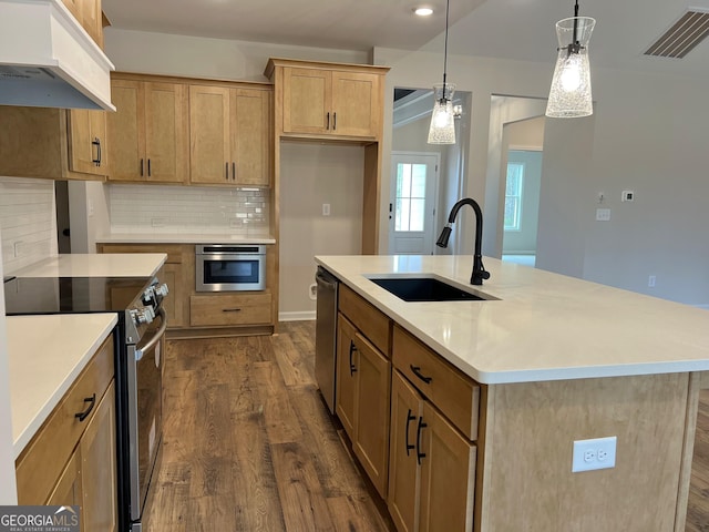 kitchen with stainless steel appliances, dark wood-style flooring, a sink, visible vents, and custom range hood