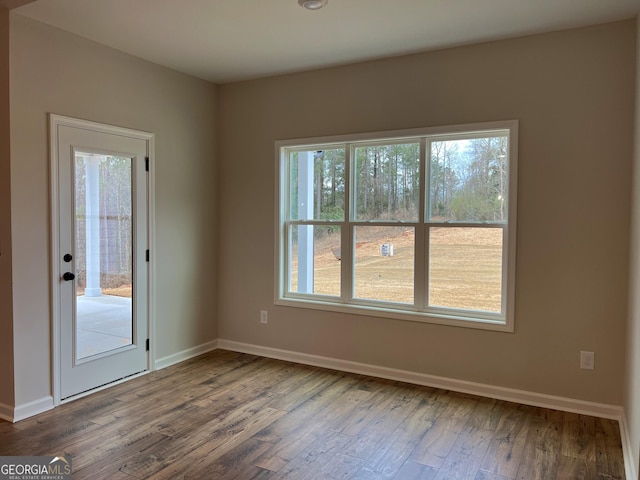 spare room with baseboards, wood finished floors, and a healthy amount of sunlight