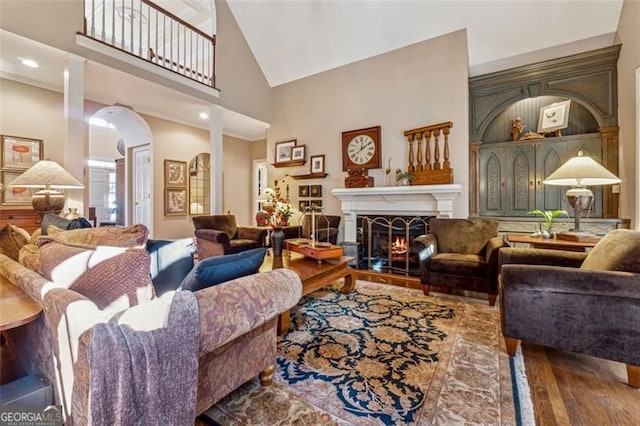 living room featuring hardwood / wood-style floors and high vaulted ceiling