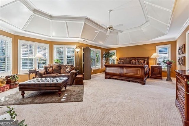 bedroom featuring carpet flooring, ceiling fan, and crown molding