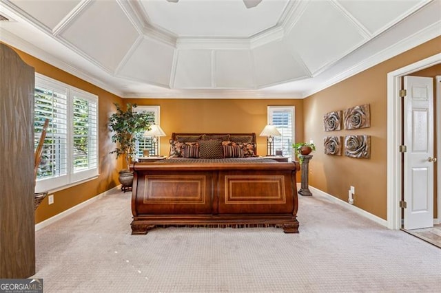 bedroom with ceiling fan, light colored carpet, ornamental molding, and coffered ceiling