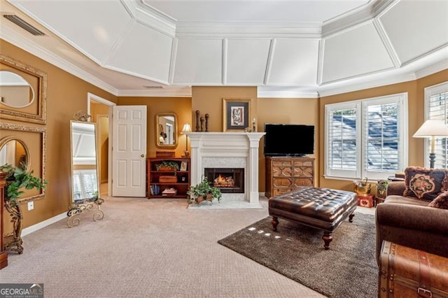 carpeted living room with crown molding and a high end fireplace