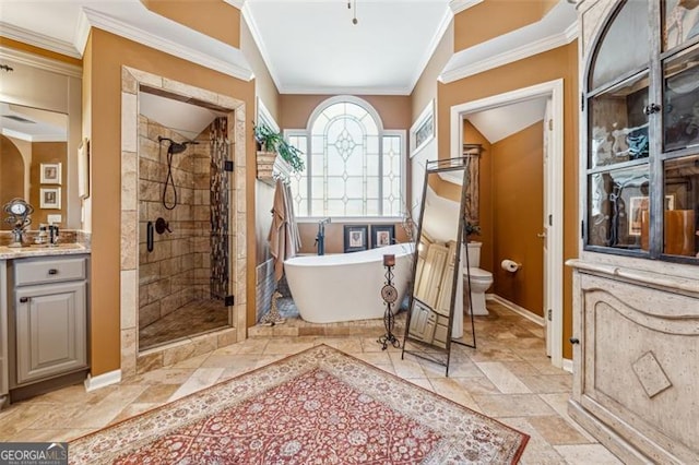 full bathroom with separate shower and tub, crown molding, vanity, and toilet