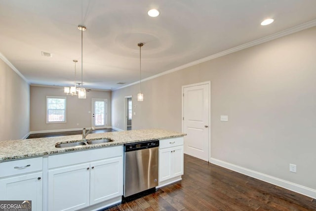 3770 Shades Valley Ln, Gainesville, GA 30501 - kitchen featuring pendant lighting, dishwasher, white cabinets, sink, and light stone counters