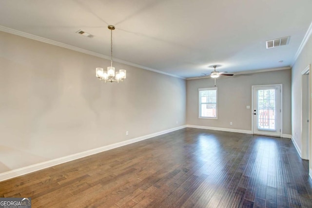 3770 Shades Valley Ln, Gainesville, GA 30501 - unfurnished room with ceiling fan with notable chandelier, dark wood-type flooring, and crown molding