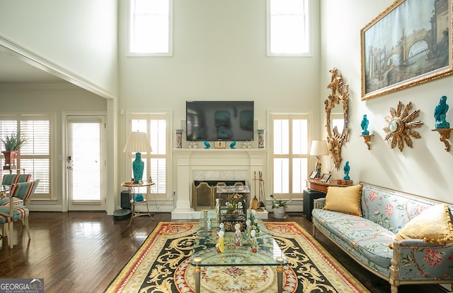 living room featuring dark hardwood / wood-style flooring, a fireplace, a towering ceiling, and ornamental molding