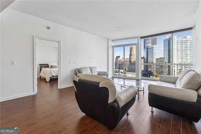 living room featuring expansive windows and dark wood-type flooring