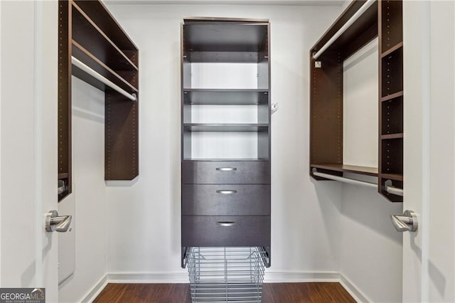 spacious closet with dark hardwood / wood-style floors