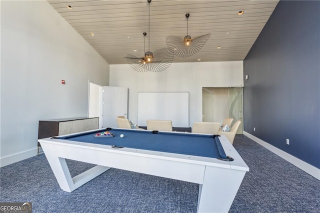 game room featuring dark colored carpet, high vaulted ceiling, and pool table