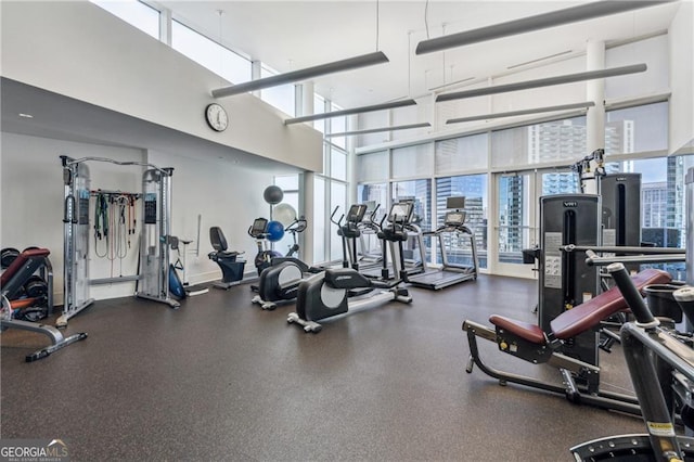 workout area with a high ceiling