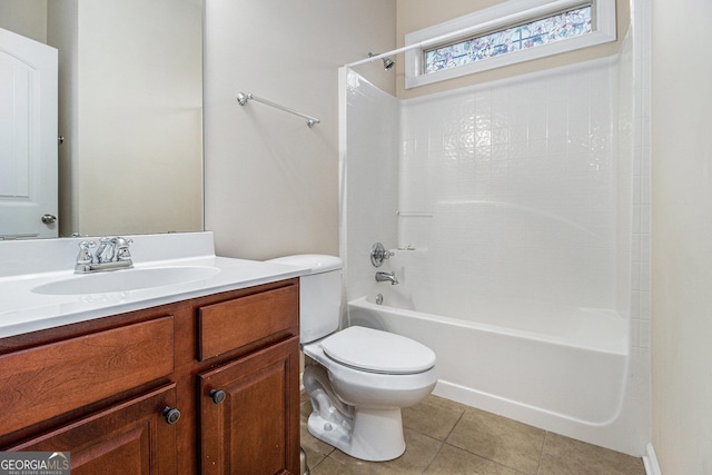 full bathroom with tile patterned flooring, vanity,  shower combination, and toilet